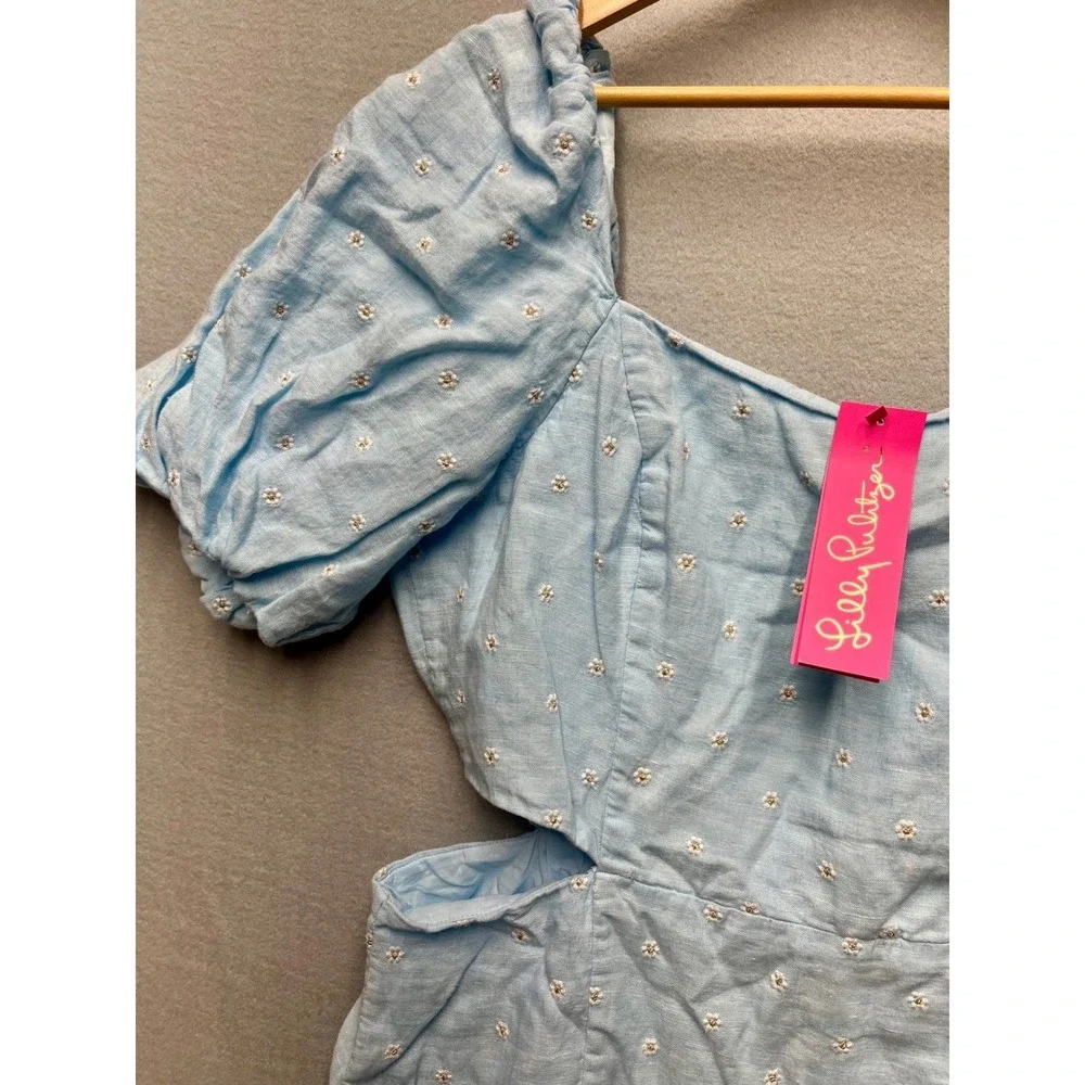 Lilly Pulitzer Kylannd Embroidered Linen Cut-Out Dress Hydra Blue Daisy 16 NEW